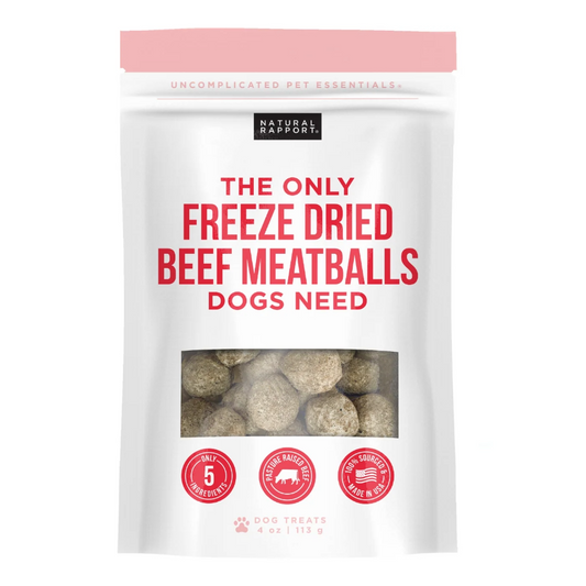 a white bag of freeze dried beef meatball treats for dogs 