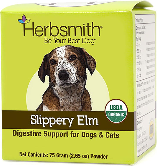 a green box of Slippery Elm Digestive Support for Dogs, with a brown and white spotted dog on the front