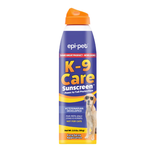 An orange and blue spray can of dog sunscreen