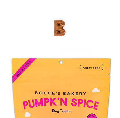 the top of a yellow bag of Bocce's Pumpk'n Spice Dog Treats with a  treat above it for scale