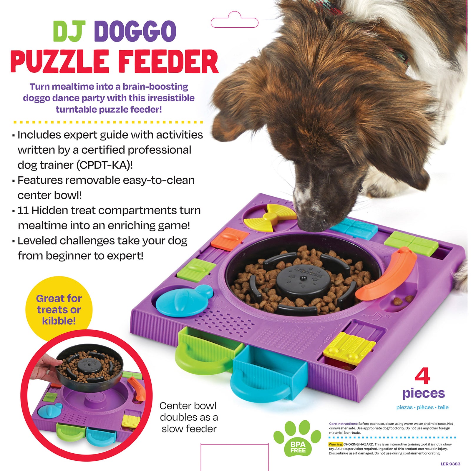 An infographic stating the benefits of a purple turntable style food puzzle for dogs