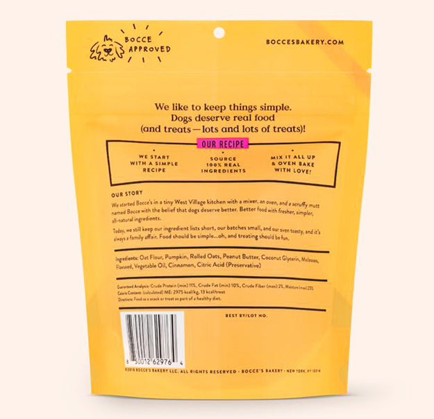 the back of a yellow bag of Bocce's Pumpk'n Spice Dog Treats