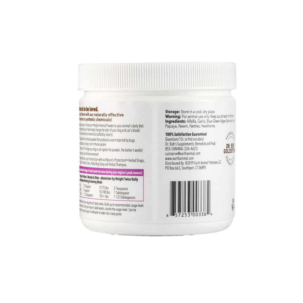 The back of a white container of Nature's protection Daily Herbal Internal Powder for Dogs