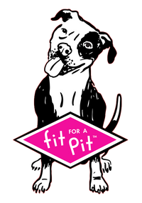 a cartoon drawing of a black and white pit bull-type dog sitting behind a bright pink diamond shape with "fit for a pit" inside it