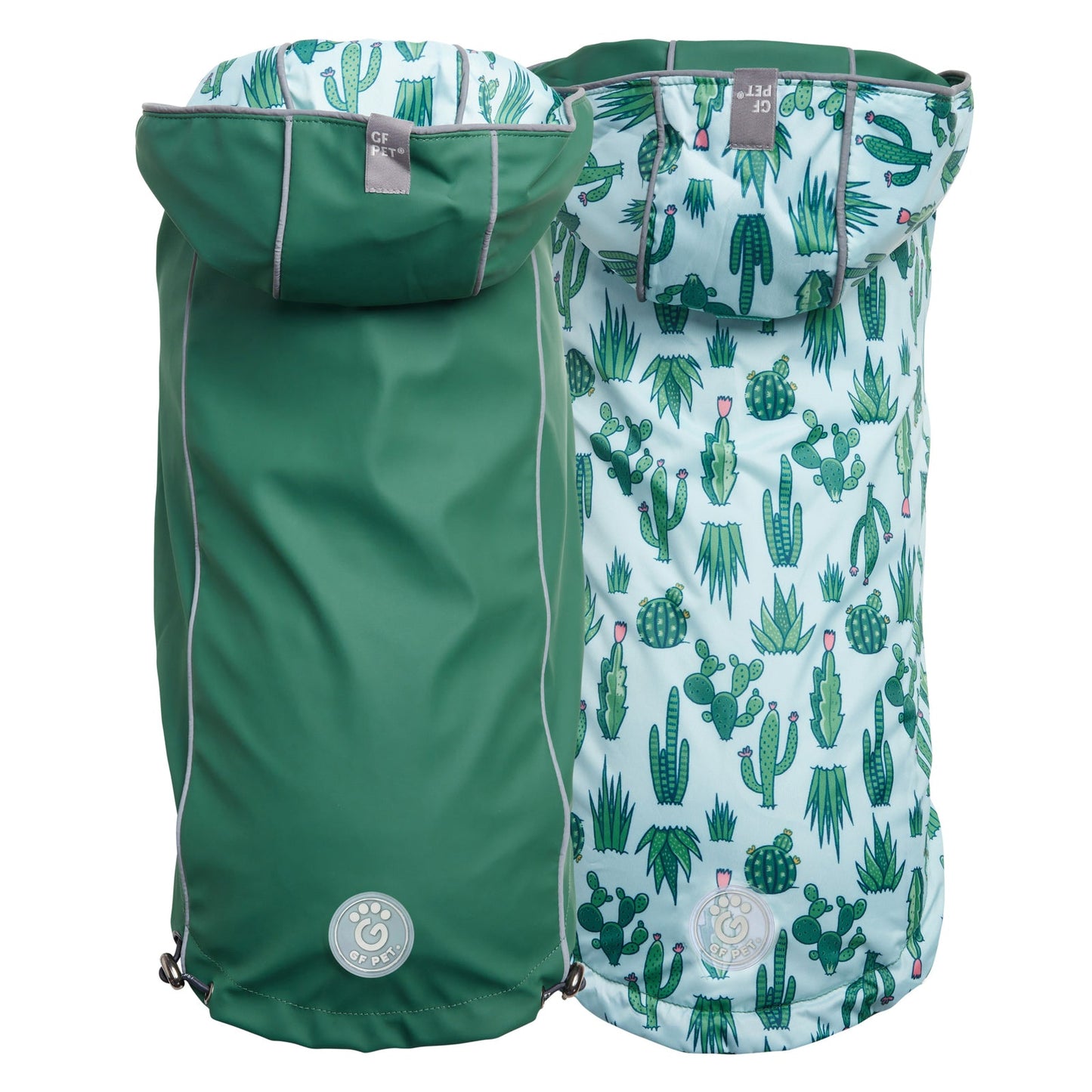 two views of a reversible raincoat for dogs. One shows the green side of the coat and the other shows the light blue with cactus print side of the coat