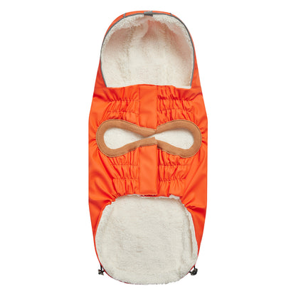 the bottom of an orange hooded raincoat for dogs
