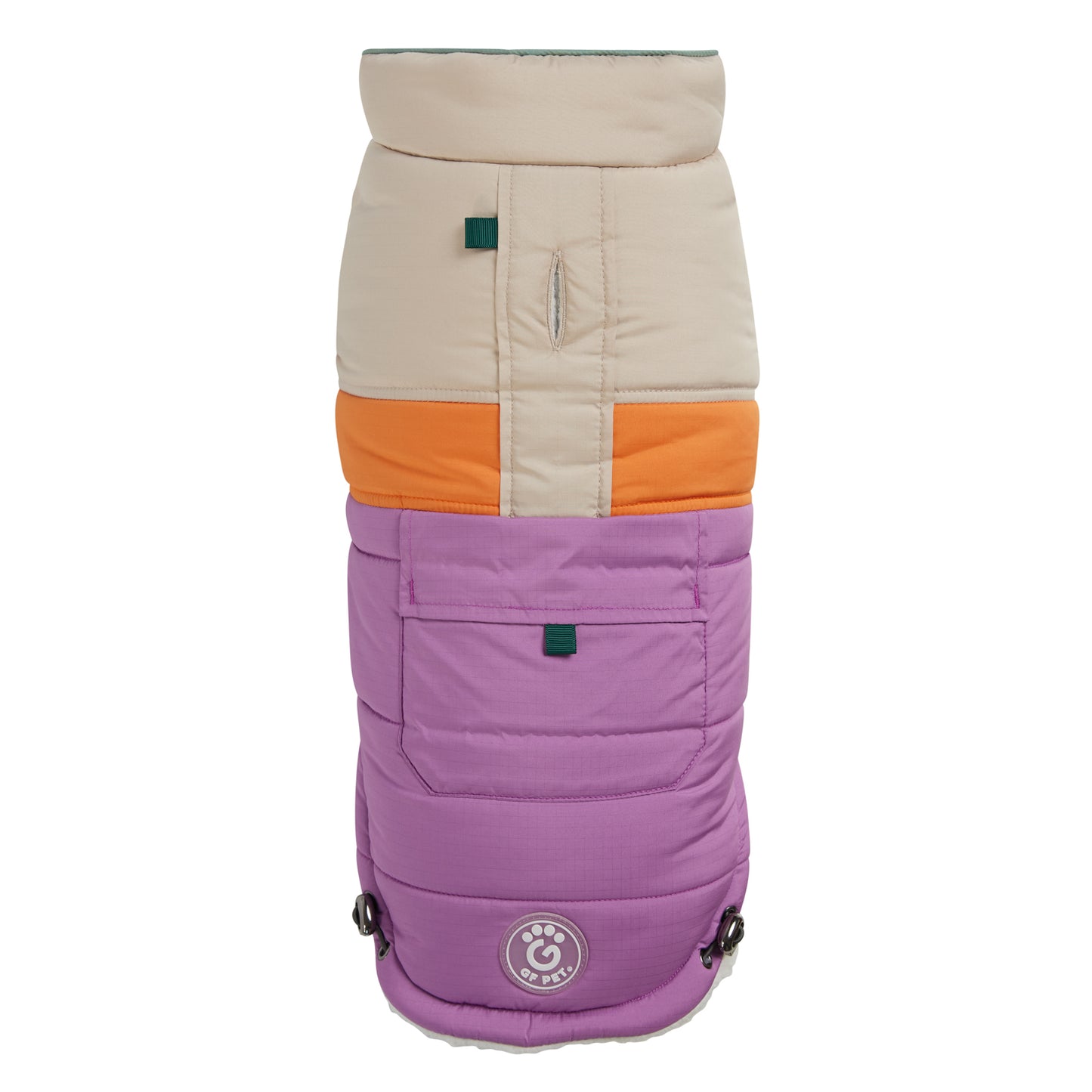 a purple orange and cream puffer for dogs