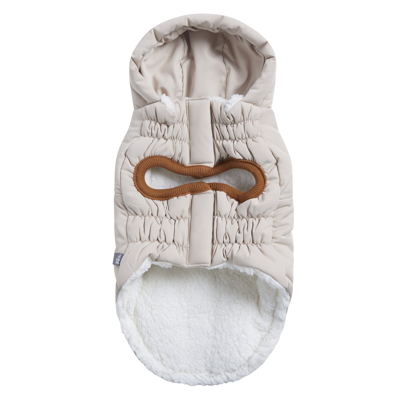 the underside of an off white hooded parka for dogs