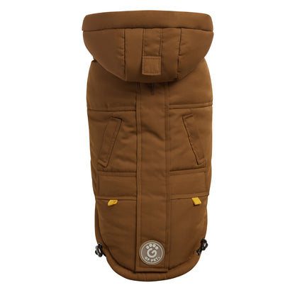 a brown hooded parka for dogs