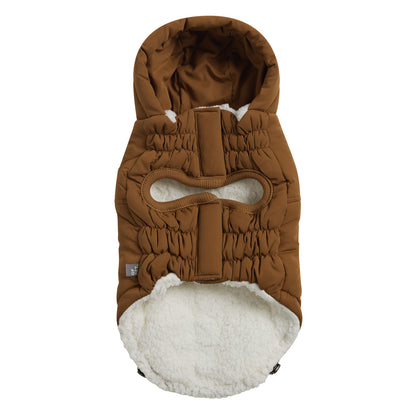 the underside of a white fleece lined brown hooded parka for dogs