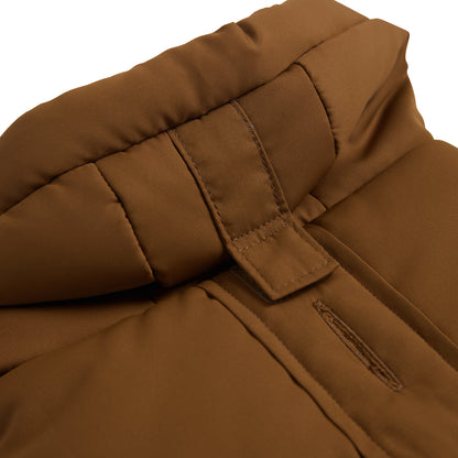closeup of the hood of a brown parka for dogs