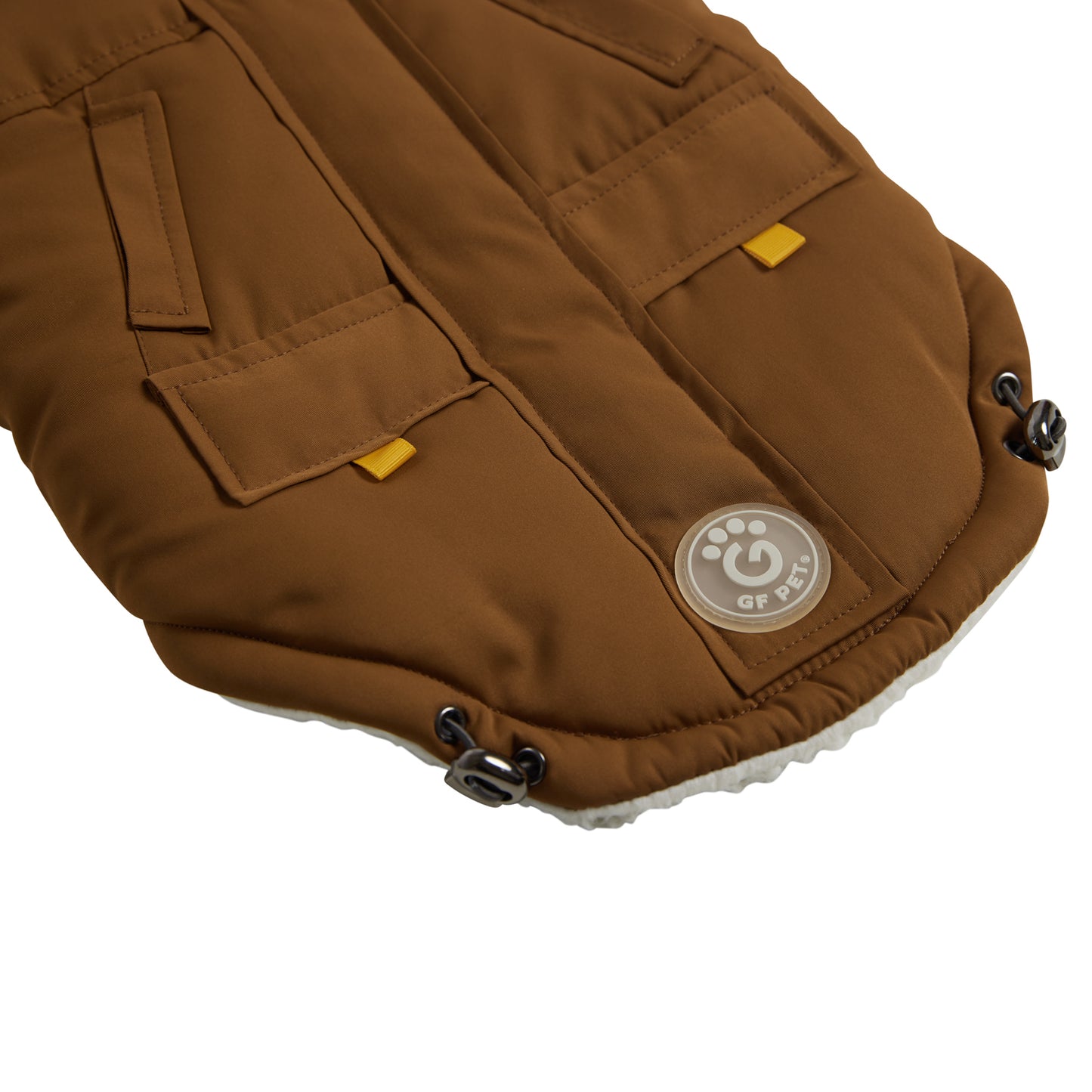 closeup of the edge of a brown parka for dogs