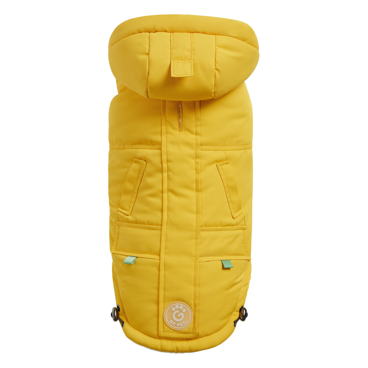 a yellow hooded parka for dogs