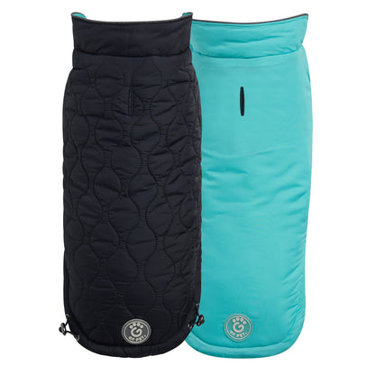 side by side view of both sides of a reversible black and aqua jacket for dogs