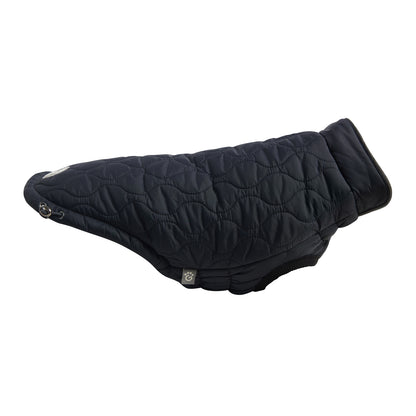 side view of a black reversible jacket for dogs