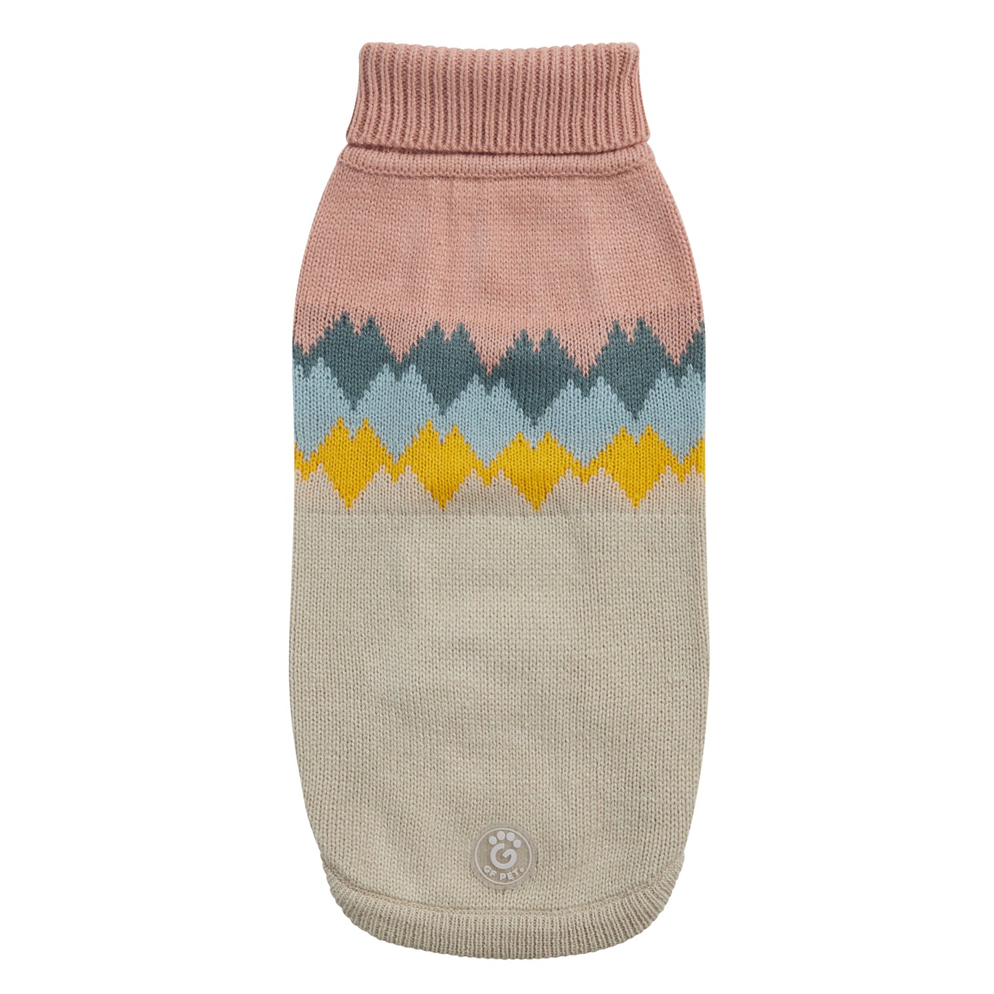 a beige and pink dog sweater with colorful mountain peaks graphic