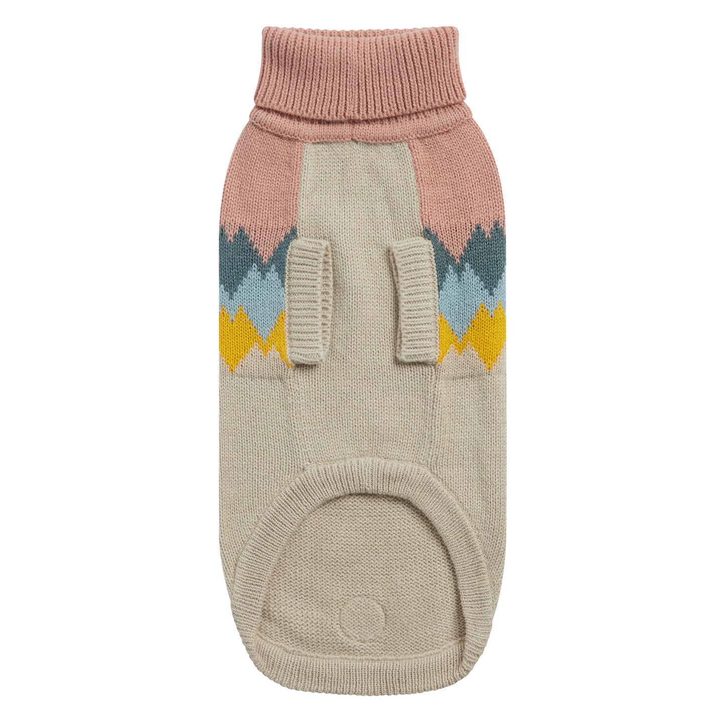 the underside of a beige and pink dog sweater with colorful mountain peaks graphic