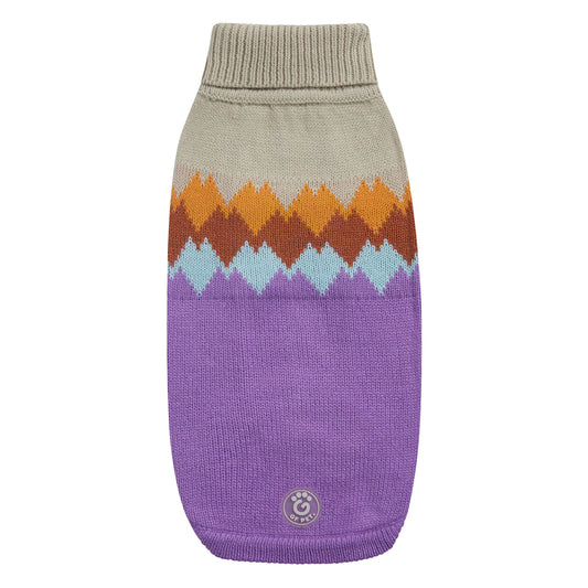 a purple and beige dog sweater with colorful mountain peaks graphic