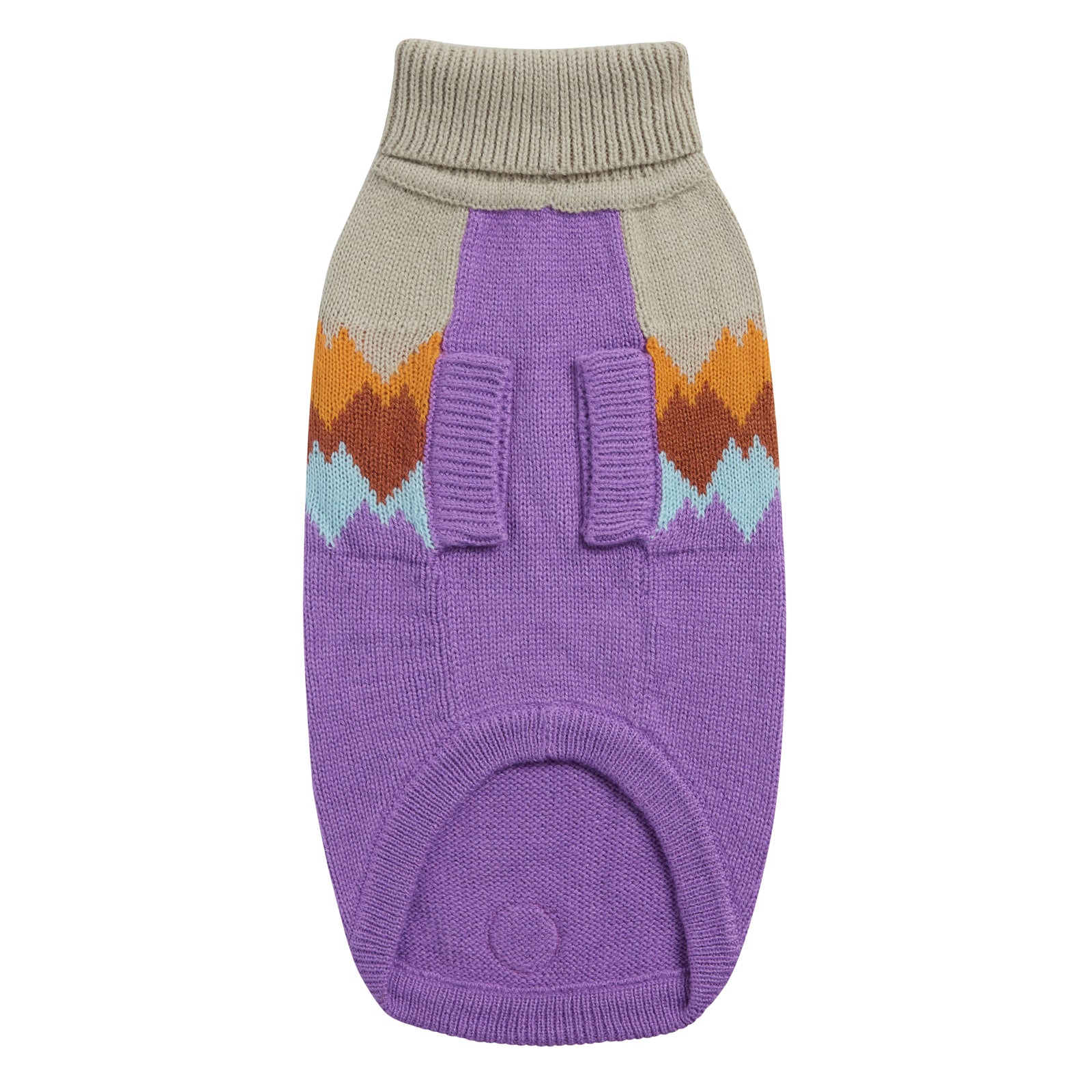 the underside of a beige and purple dog sweater with colorful mountain peaks graphic