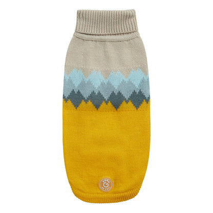 a yellow and beige dog sweater with colorful mountain peaks graphic