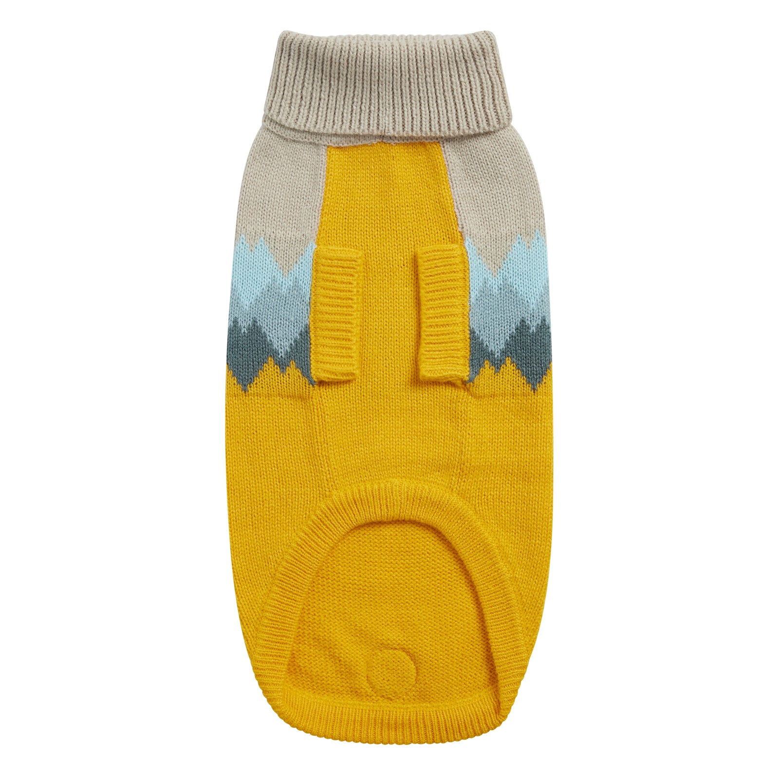 the underside of a beige and yellow dog sweater with colorful mountain peaks graphic
