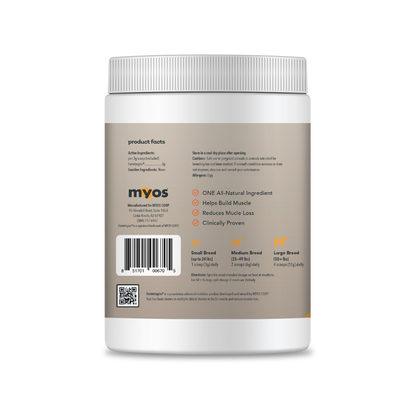 The back of a white canister of Myos Canine Muscle Formular Supplement