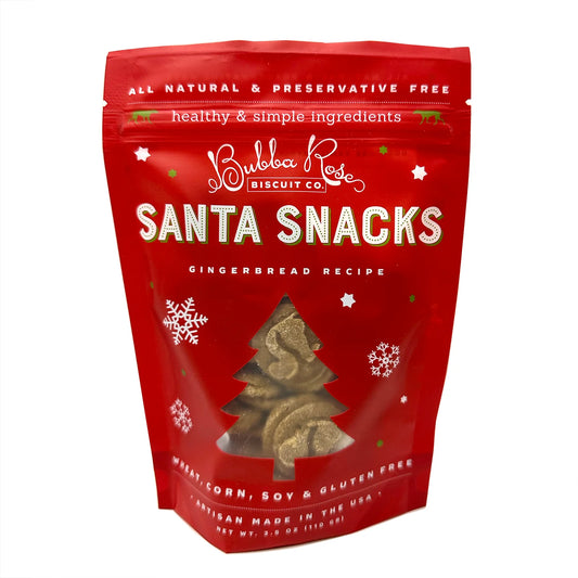 A red pouch containing Santa Snacls gingerbread dog treats