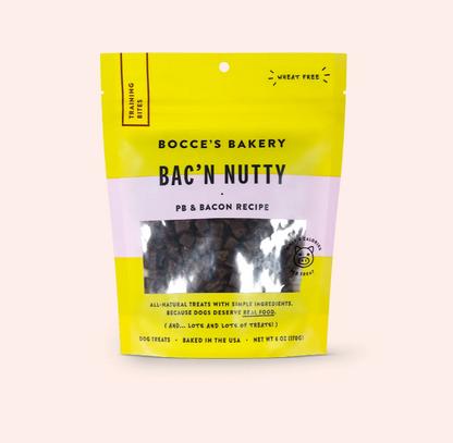 A yellow and pink bag of Bac'N Nutty Treats for Dogs