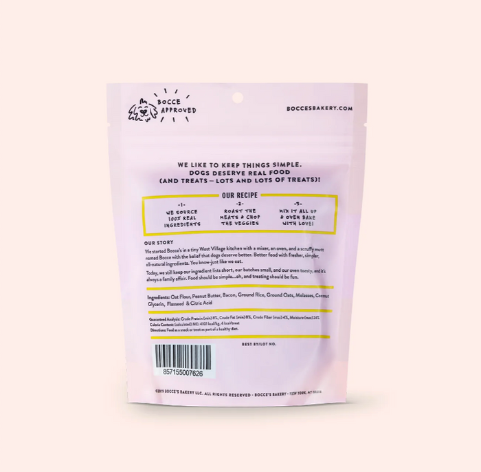 The back of a pink bag of Bac'N Nutty Treats for Dogs