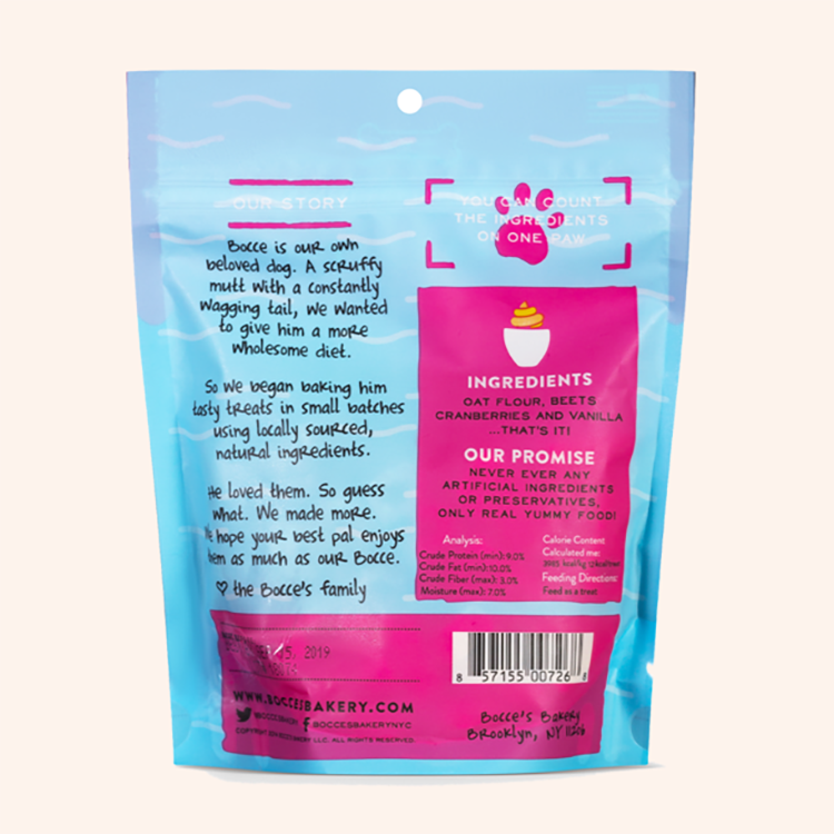 The back of a blue and hot pink bag of Bocce's Unicorn Shake Dog Treats