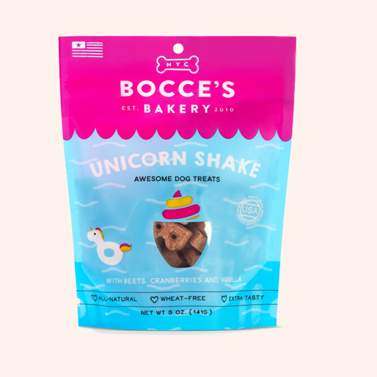A blue and hot pink bag of Bocce's Unicorn Shake Dog Treats
