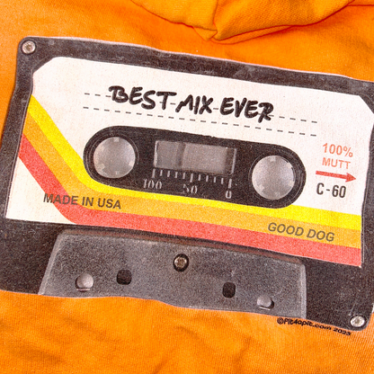 close up detail of a retro cassette tape graphic that says "Best Mix Ever"