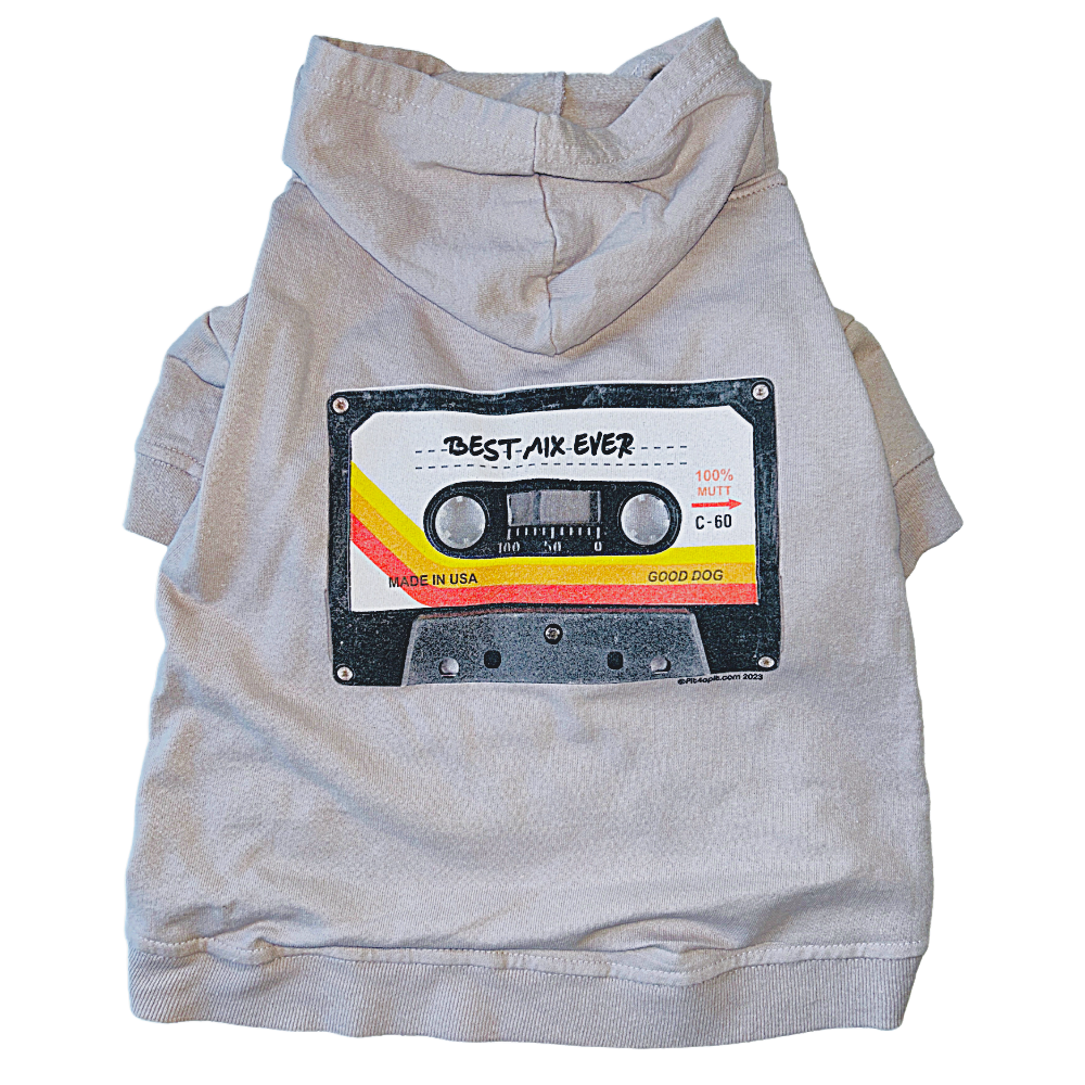 a light grey dog hoodie with retro cassette tape graphic 