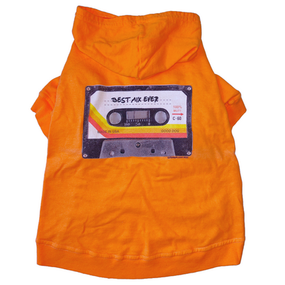 a bright orange dog hoodie with retro cassette tape graphic 