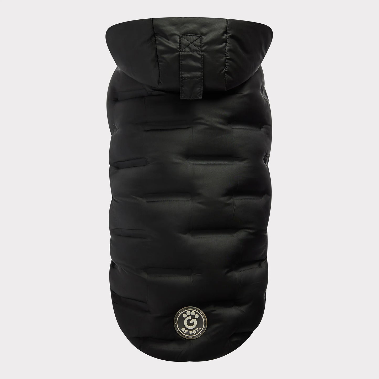 top view of a black puffer jacket for dogs 