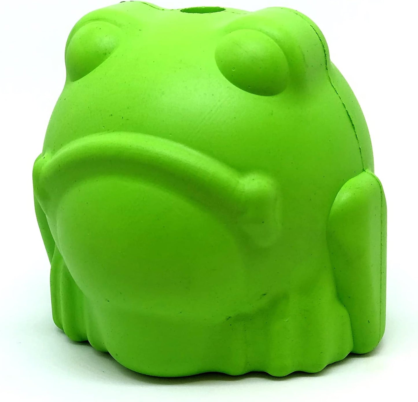 A green bullfrog-shaped rubber work-to-eat toy for dogs