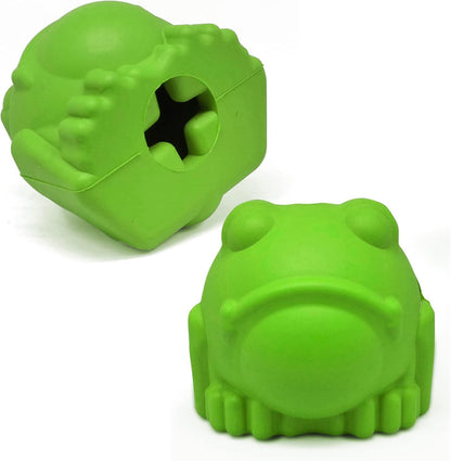 2 views of a green bullfrog-shaped work-to-eat toy for dogs: front view and the view of teh underneath of the toy