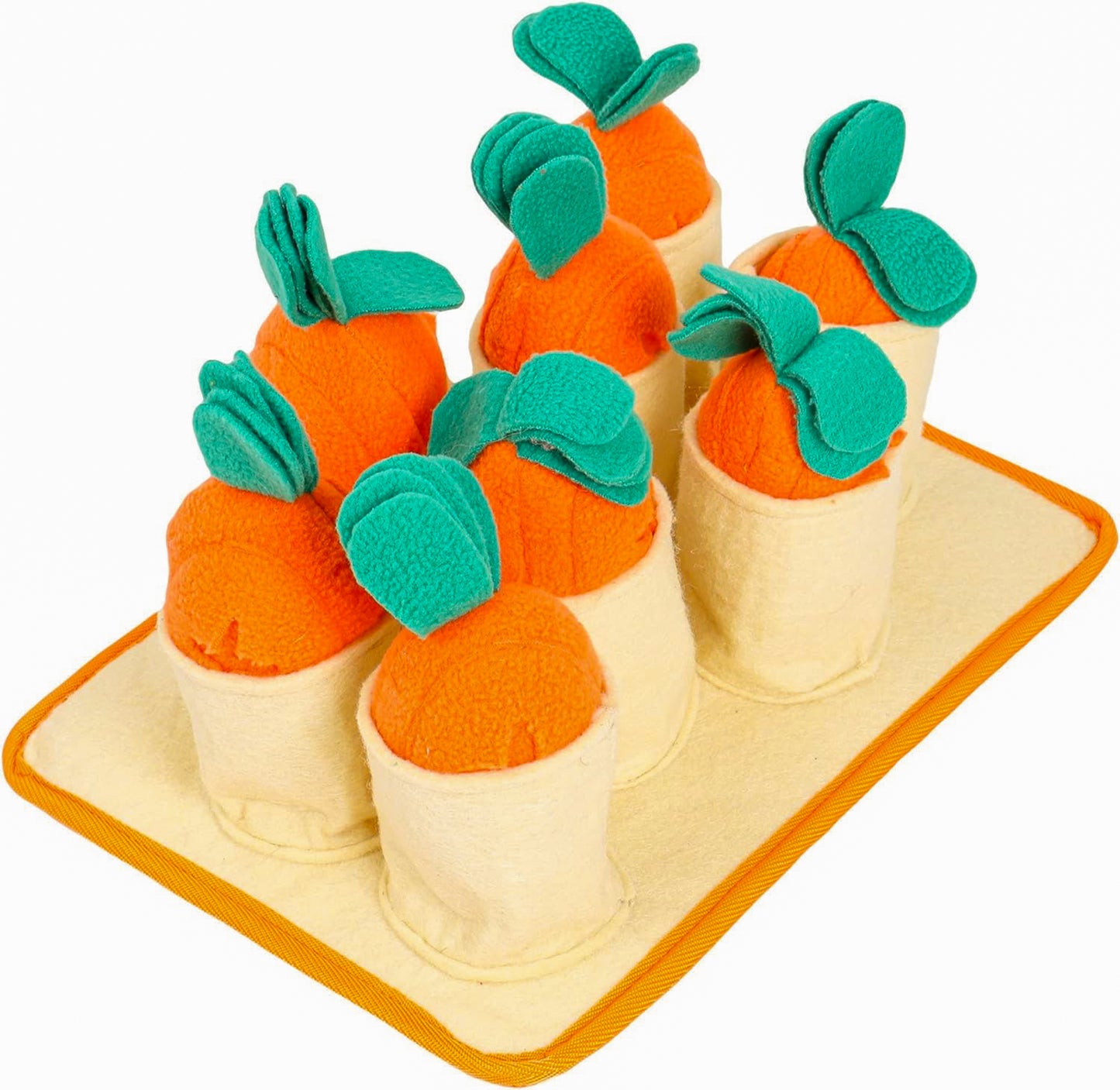 a beige snuffle mat toy for dogs featuring 8 soft cups, each containing an orange carrot soft toy with green top