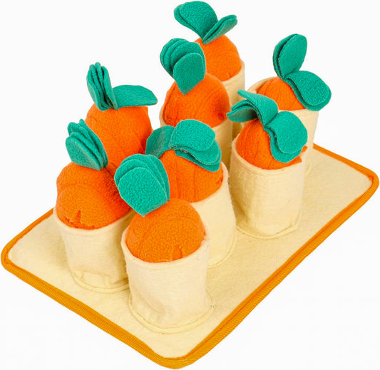 a beige snuffle mat toy for dogs featuring 8 soft cups, each containing an orange carrot soft toy with green top
