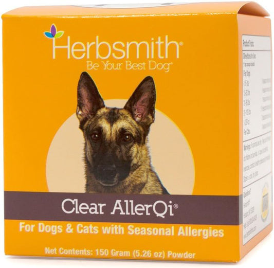an orange box of Herbsmith Clear AllerQi Supplement for Seasonal Allergies, depicting a german shepherd type dog