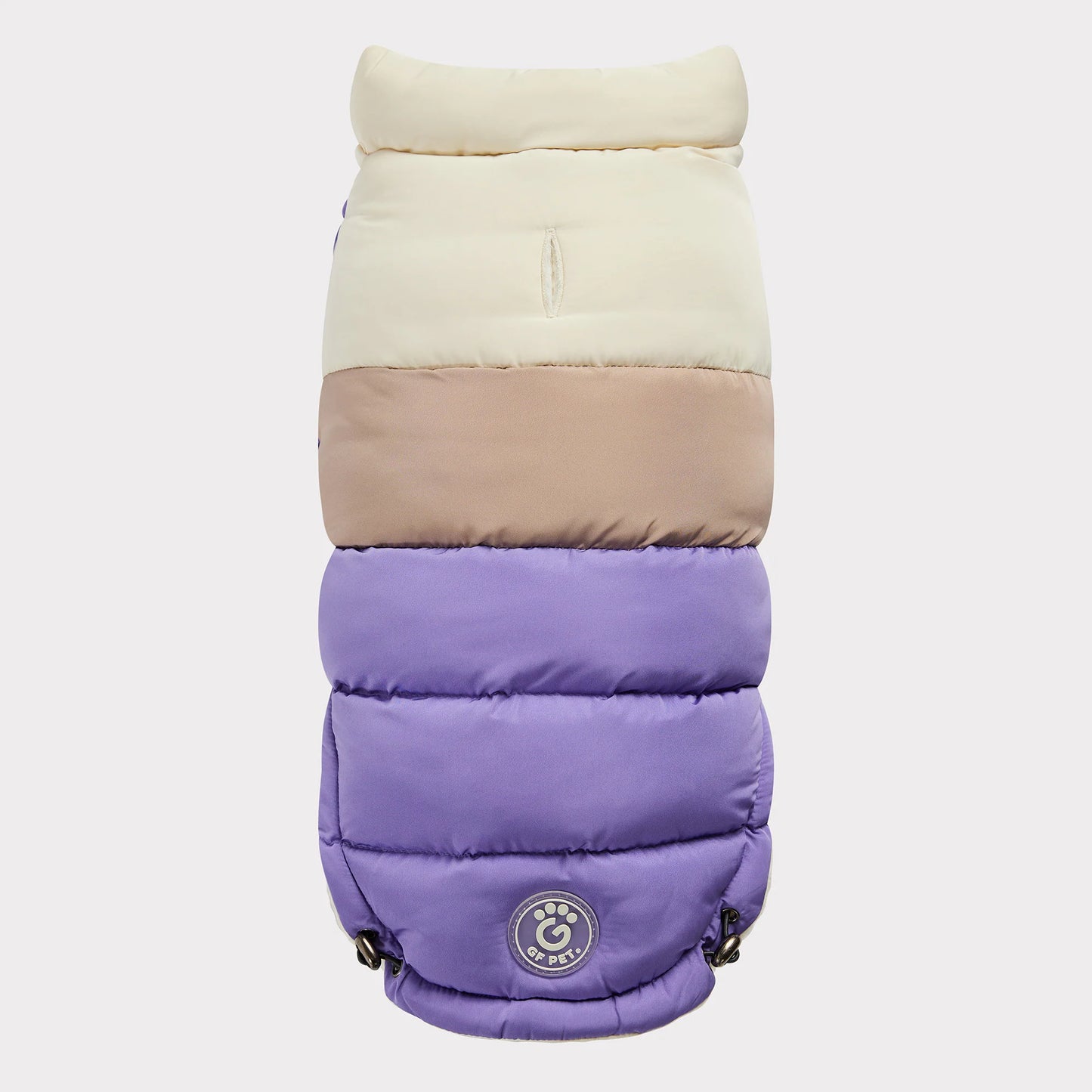 top view of an ivory, beige and lavender color blocked puffer jacket for dogs 