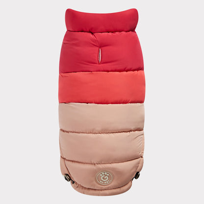 top view of a red, coral and light link color blocked puffer jacket for dogs 