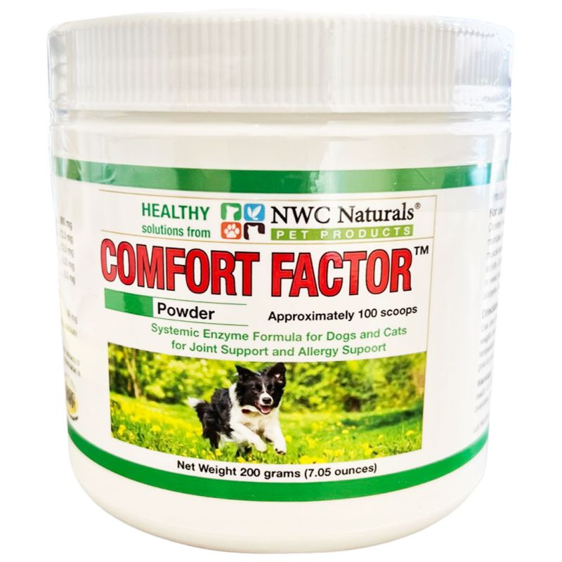 The front of a white jar of Comfort Factor Joint and Allergy Support powder for dogs