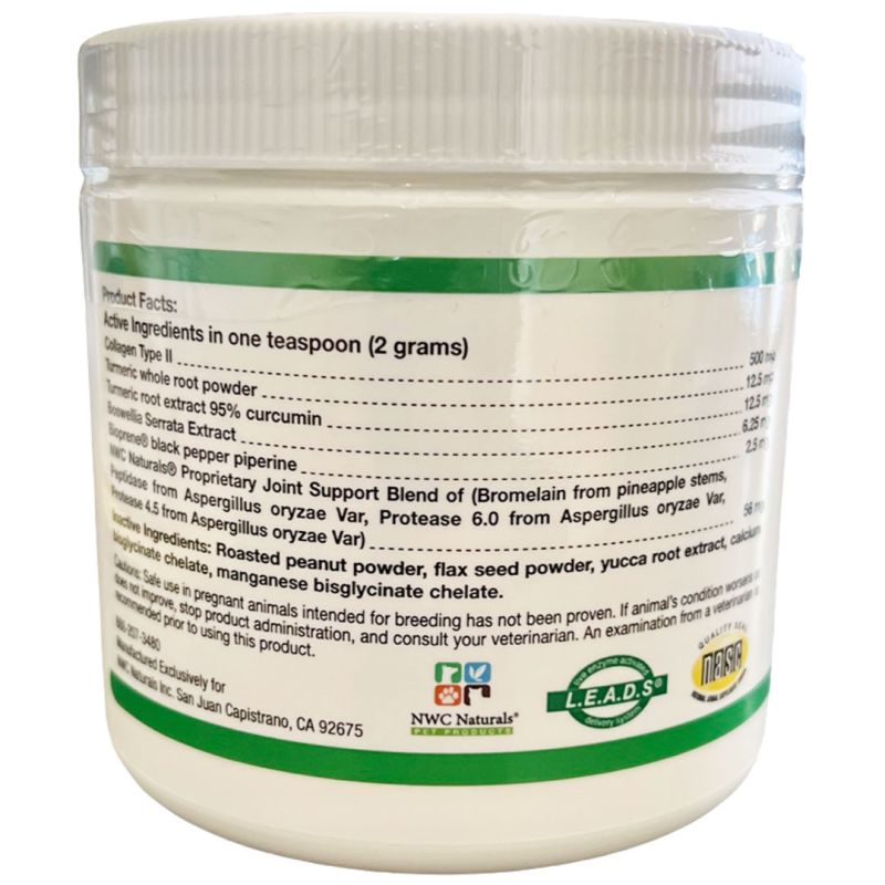 The back of a white jar of Comfort Factor Joint and Allergy Support powder for dogs