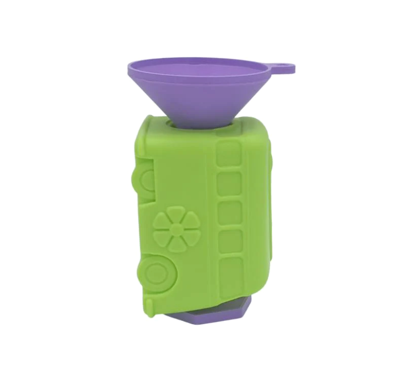 A purple funnel atop a lime green VW van-shaped dog toy sitting on a purple Stopple toy stand