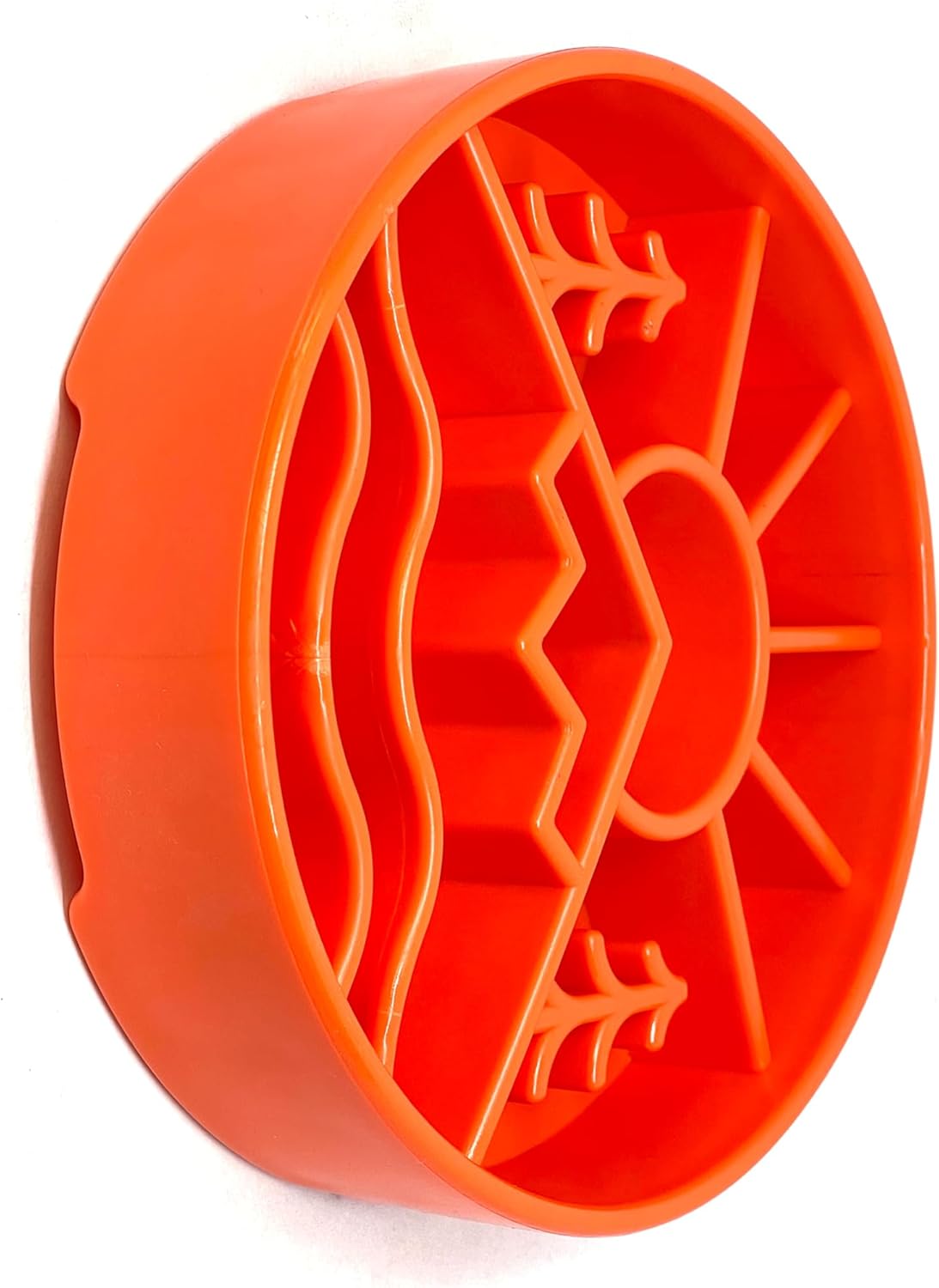 Side view of a Great Outdoors-themed orange slow feed dog bowl