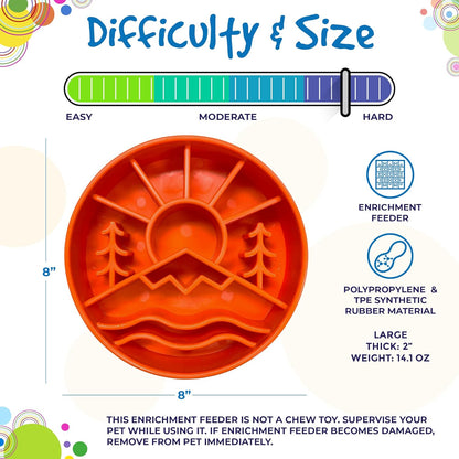 Infographic about the difficulty level of a Great Outdoors-themed orange slow feed dog bowl