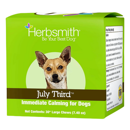 A green box of July Third Immediate Calming for Dogs chews, with a picture of a chihuahua on it