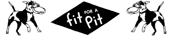 a logo showing a black diamond shape with the words "fit for a Pit" inside it, flanked by mirror image black and white pit bull-type dogs running with discs in their mouths