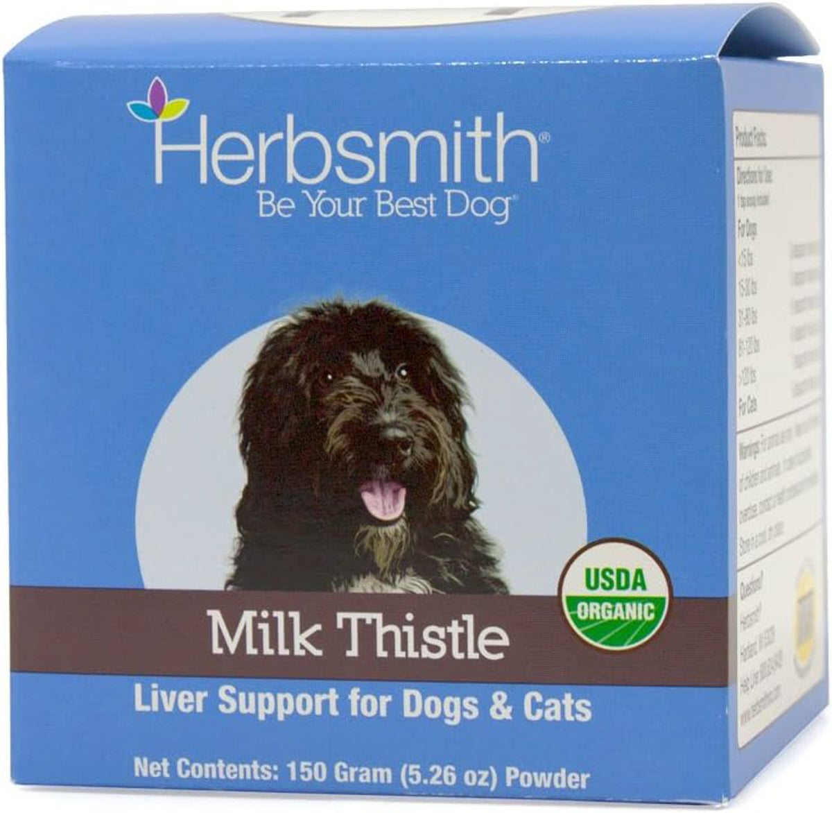a box of milk thistle liver support supplement for dogs, with a black shaggy dog on the front